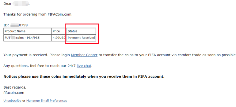 FIFACOIN order email 