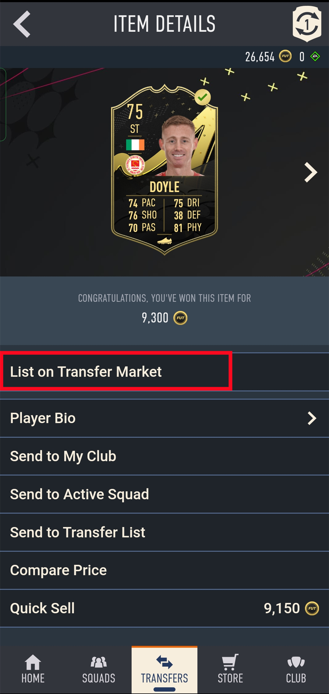 List Player on Transfer Market