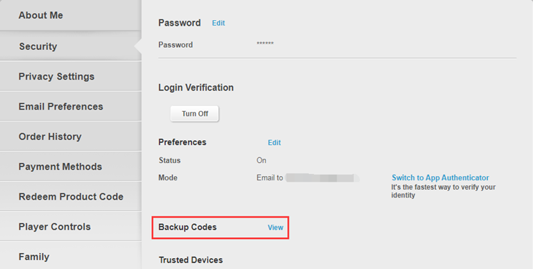 View Backup Codes