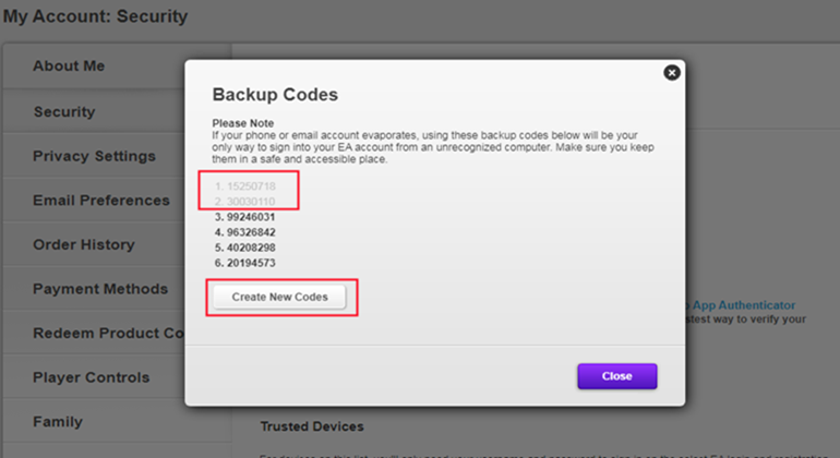 Create New Backup Codes